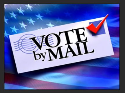 Vote by mail with a checkmark on a patriotic background